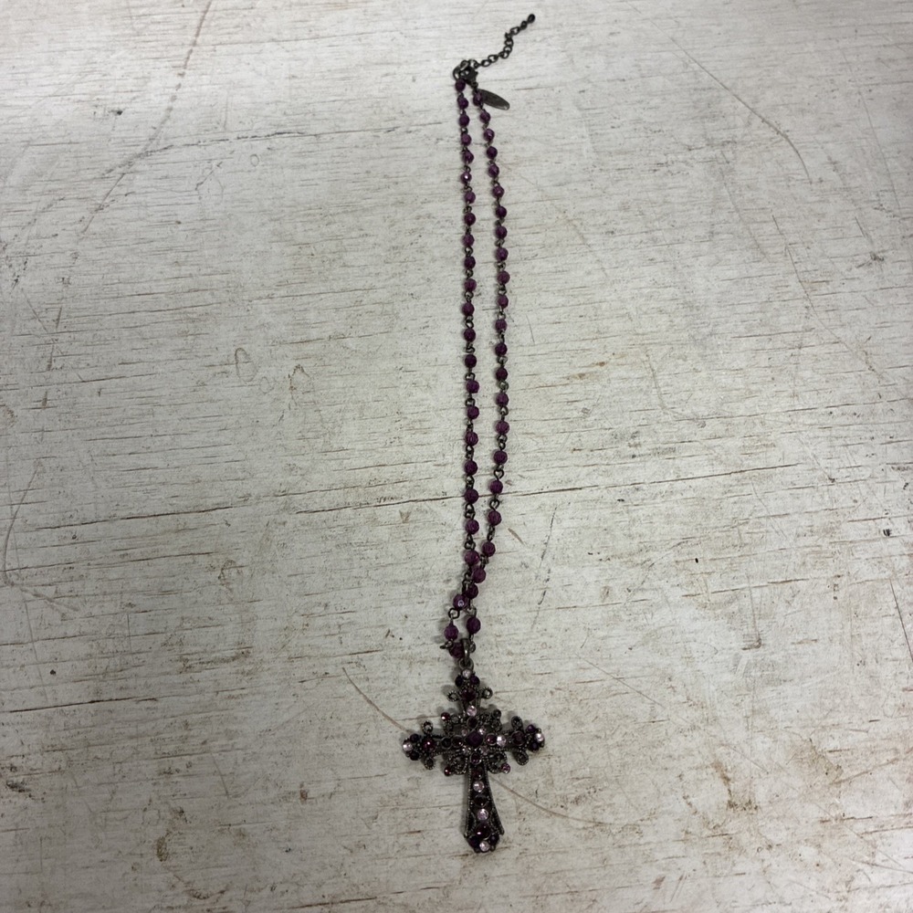 vtg NY cross necklace purple faux stones 9 Inch